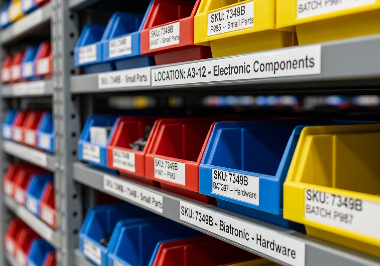 Close-up of color-coded inventory bins with SKU labels on warehouse shelving