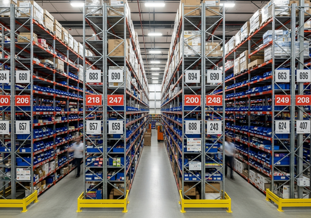 Organized warehouse shelving with labeled inventory bins at a Portland FBA prep center